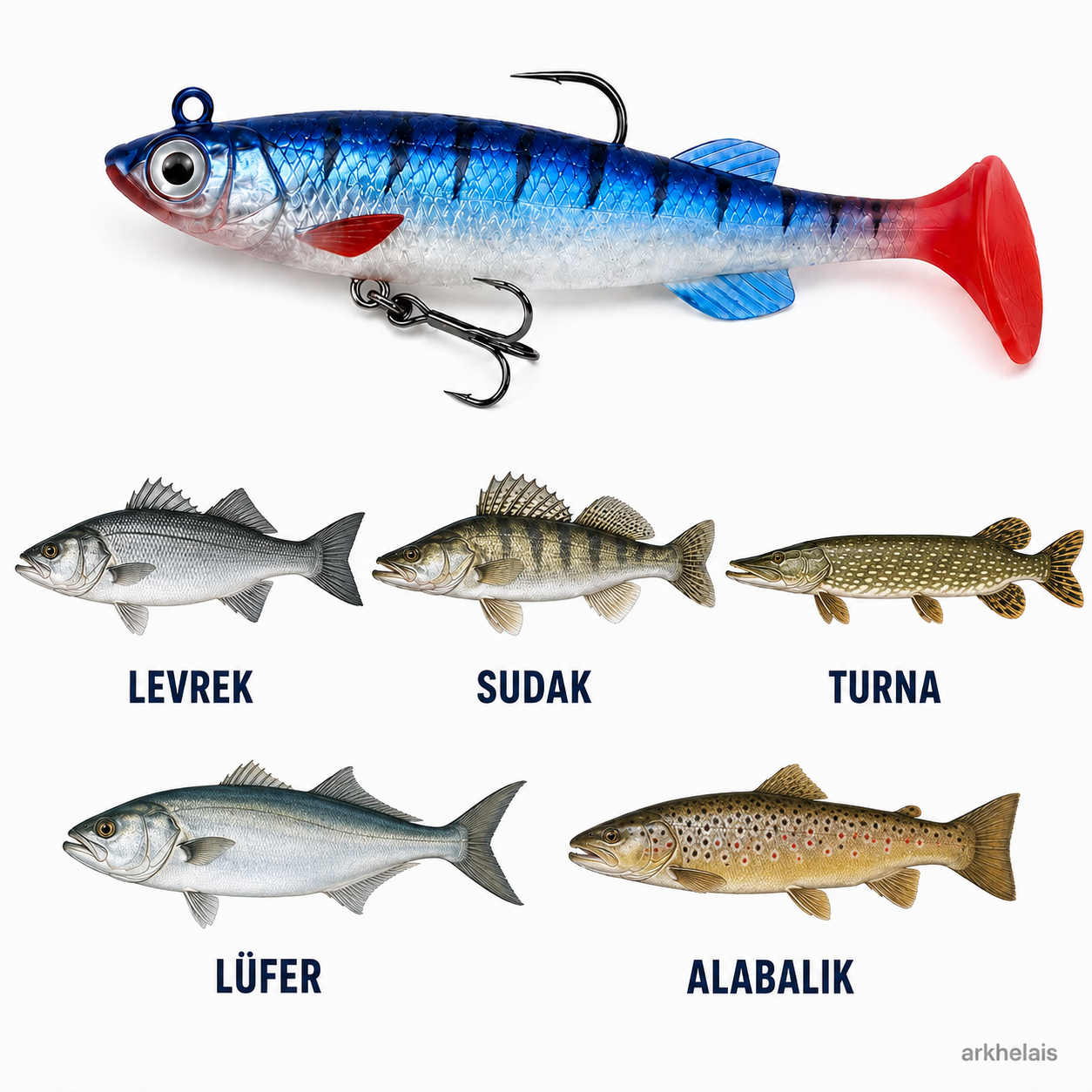 5'Li Hazır Kurşunlu Paddle Tail Silikon Yem Seti (12gr - 8,4cm) Arkhelais Fishing