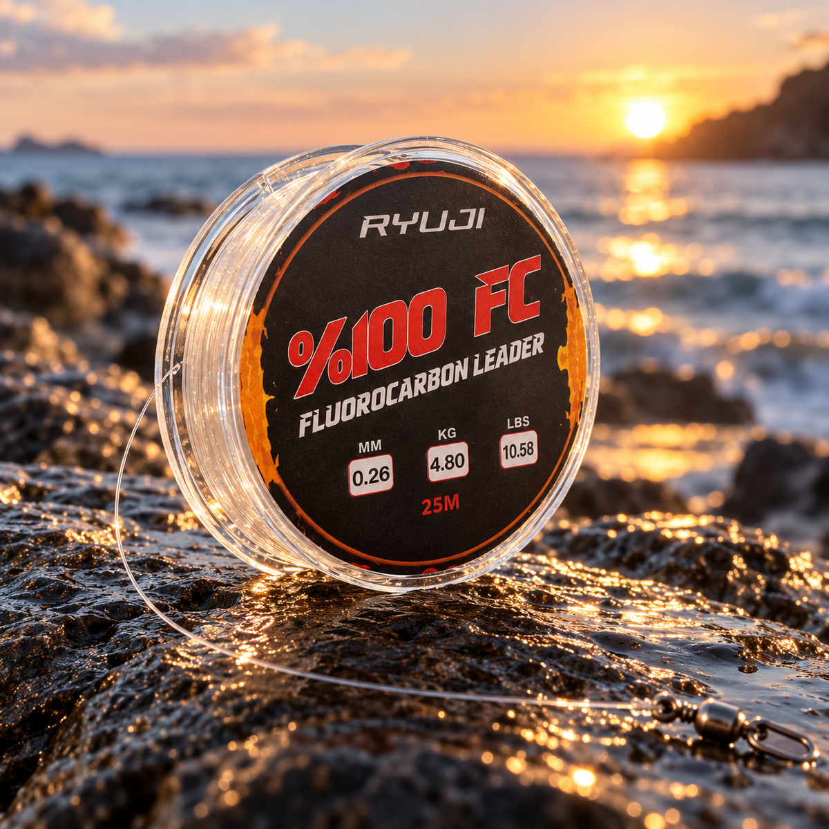 Fluorocarbon levrek misinası kayalık kıyıda gün batımında, fırdöndüyle